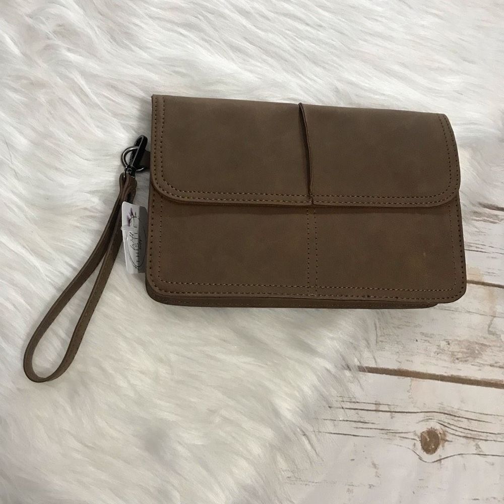 Brown faux leather wallet purse envelope bag wristlet clutch small Purse‎ 10oz